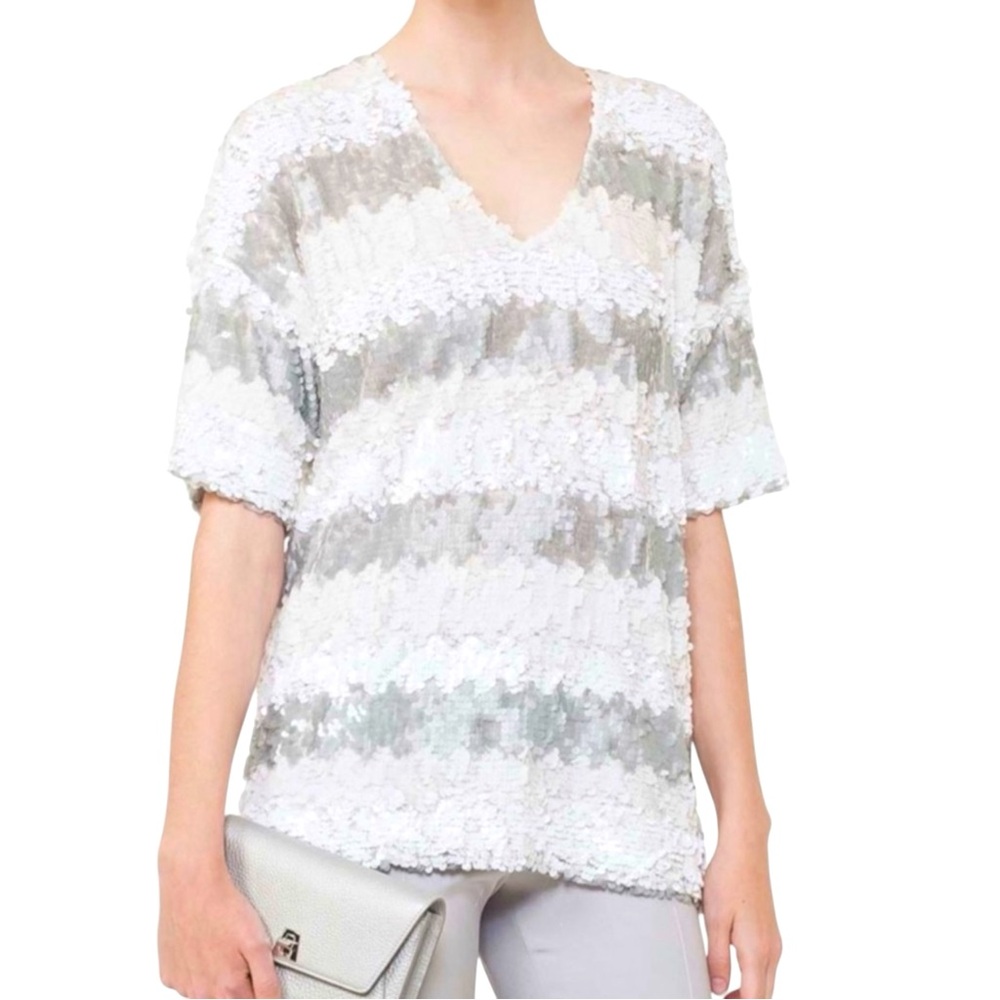 AKRIS Sequin Striped Short Sleeve V-Neck Top Sz 6